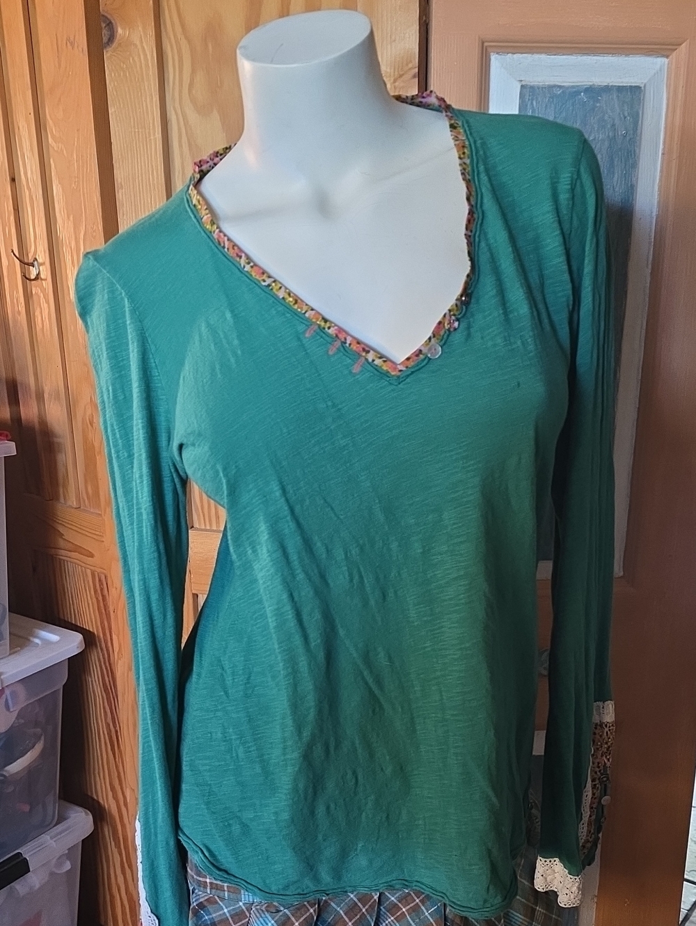 Anthropologie Green V-Neck Long Sleeve Top with Trim